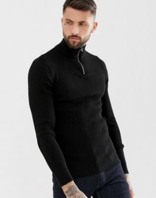 ASOS DESIGN - Pull moulant côtelé à demi fermeture éclair - Noir | ASOS