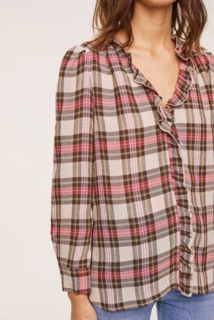 CHEMISE COL VICTORIEN À CARREAUX ECRU