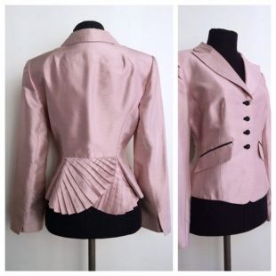Vintage Kay Unger pâle rose cintrée soie plissée peplum veste US taille 6
