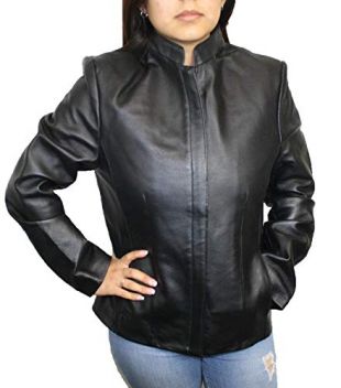 Black  Leather  Jacket with Mandarin Collar (Large) Blac