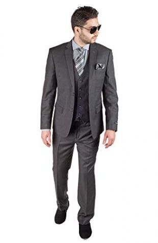 AZAR MAN Slim Fit 3 Piece Vested Grey Suit (44 Regular 38 Pants)