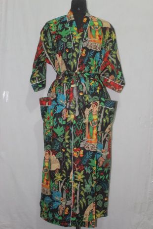 Frida Kahlo Long Cotton Kimono, Indian Handmade vintage Cover up Bath Robes, Beach kimono,Black