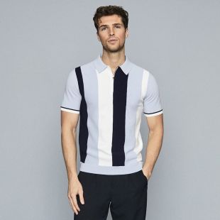 Blue Striped Zip Neck Polo Shirt