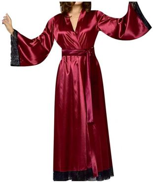 Women's Sexy Silk Satin Robe Bathrobe Baby Dress Underwear Nightdress Lace Stitching Long Bathrobe,Wine,XXL