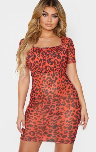 Pretty Little Thing - Robe moulante en mesh lopard rouge  buste fronc et  manches courtes