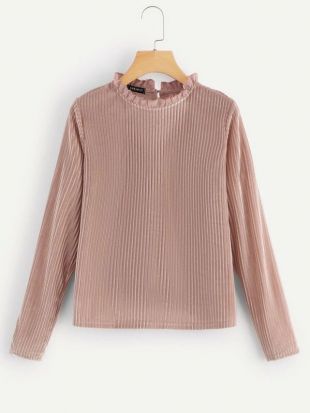 Frilled Neck Ribbed Velvet Top