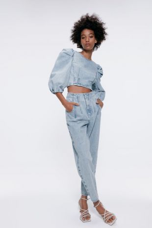 Denim Top With Puff Sleeves