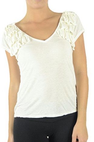 Women's Silk Ruffle Trim V-Neck Jersey Slub Knit T-Shirt, Light Creme, Small