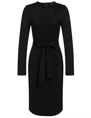 ANGVNS Women High Stretch Pencil Sheath Business Dress with Sleeve, Black, S