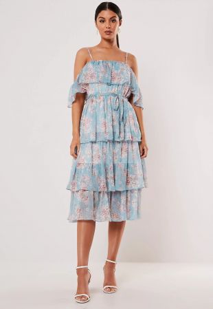 Blue Floral Tiered Midi Dress