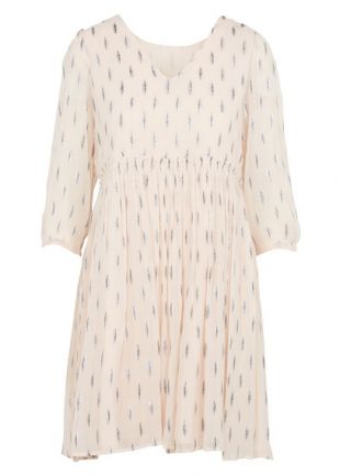 ROBE COURTE COL V FRONCÉE EN CRÊPE ET TOUCHES MÉTALLISÉES NUDE