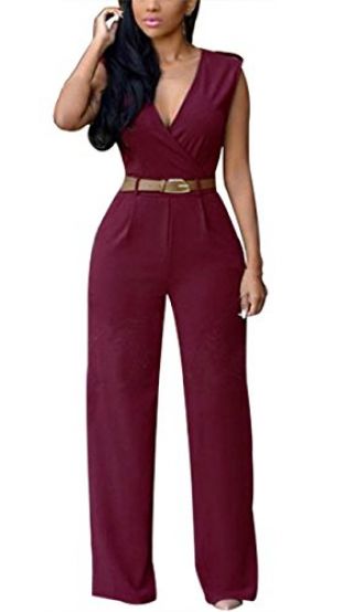 Nergivep Combinaison pour Femme décontractée en mousseline col en V avec ceinture Jambes larges sans manches - rouge - 40