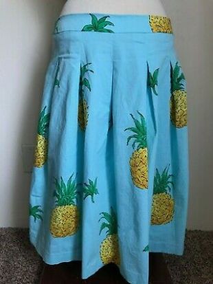 RSVP by Talbots 10 Pineapple Pleated Midi Skirt Blue Yellow Girly Mid-Calf