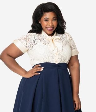 I Love Lucy x Unique Vintage Plus Size Cream Floral Fashion Show Lace Blouse