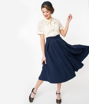 I Love Lucy x Unique Vintage Navy Blue Fashion Show Swing Skirt