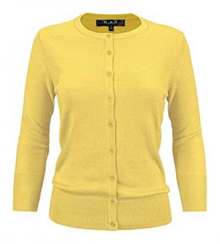 yemak - Women's 3/4 Sleeve Crewneck Button Down Knit Cardigan Sweater