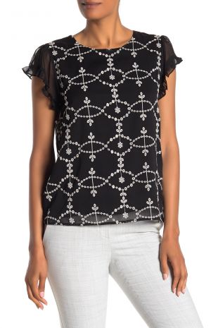 cece - Embroidered Ruffle Sleeve Top