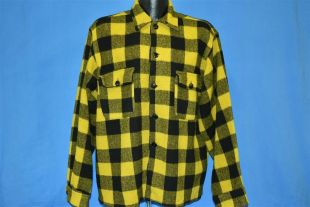 50s Humphrey Yellow Black Check Plaid Wool Button Down Shirt Grand millésime