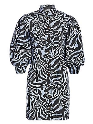 Puff-Sleeve Zebra Mini Shirtdress