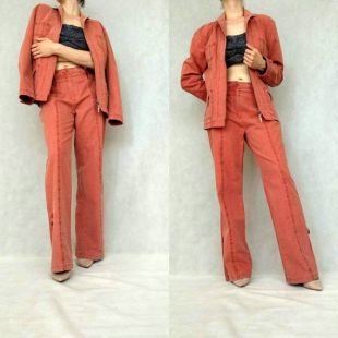 costume vintage Two Piece, Red Retro Pants, Cotton Pants Suit, Medium Size Suit, 1990s Pants Suit, Brick Red Suit