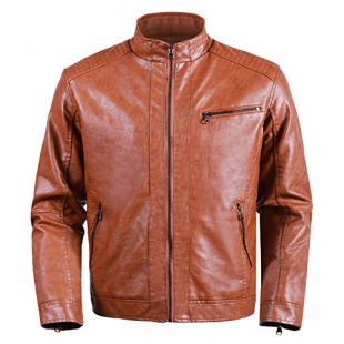 Men Classis Faux Leather Jacket Motorcycle Lightweight Brown
