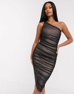 burgundy ribbed midi dress VIDUSSA Sparkly Dresses for Women UK - Glitter One Shoulder Ruched Party  Cocktail Tie Waist Wrap Bodycon Dress main image 0