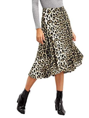Women's Casual Leopard Print Ruffle Trim A Line Midi Skirt Multicolor S