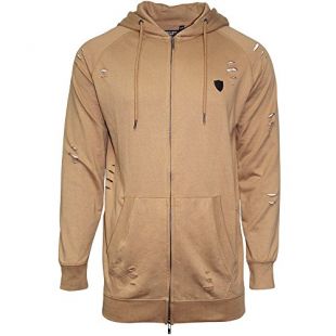 Soulstar Mens Designer Ripped Longline Hoodie Distressed Zip Detail Sweat Shirt (M, Camel)