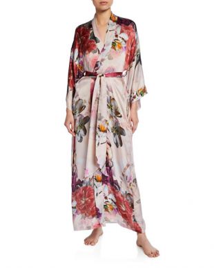 Camille Floral-Print Long Silk Robe