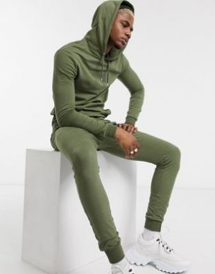 muscle tracksuit with hoodie in khaki