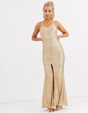 Jarlo - Robe de soirée à sequins et bretelles style caraco avec détail au dos - Doré