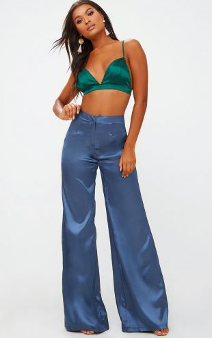 Blue Satin Wide Leg Trousers