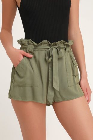 Green Paper Bag Waist Shorts
