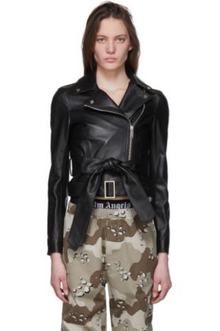 Black Leather Bow Belt Jacket