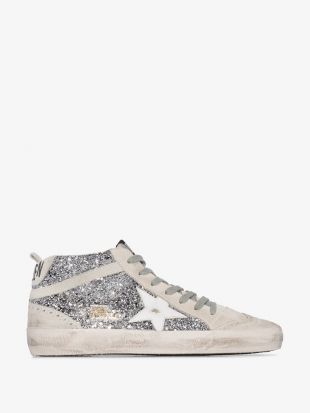 White And Silver Mid Star Glitter Distressed Sneakers