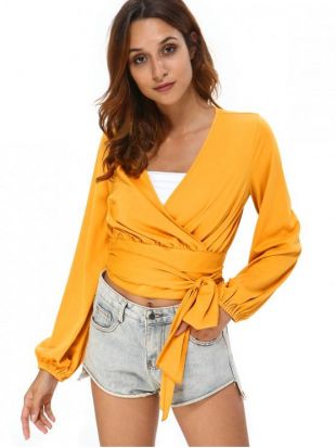 Long Sleeve Tie Wrap Top   BEE YELLOW