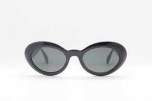 Medium sized womans 60s style oval cat eye in jet black with dark grey lenses