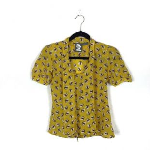 Anthropologie Girls From Savoy Lemon Liftoff Owl Print Silk Blouse Top