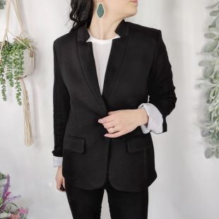 Black Notch Collar Cotton Blend Blazer