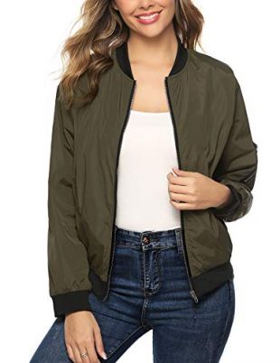 Aibrou Women Lightweight Bomber Jacket Long Sleeve Zip up Casual Coat with Pockets Army Green