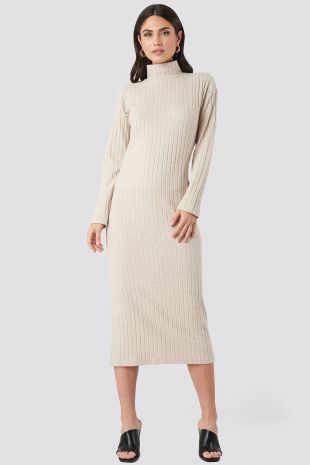 High Neck Ribbed Ankle Length Knitted Dress Beige