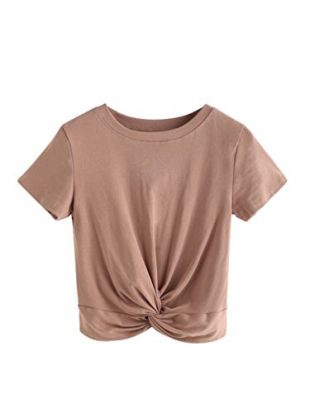 Women's Summer Crop Top Solid Short Sleeve Tie Front T-Shirt Khaki M