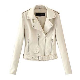 Women Faux Leather Short Jacket Bomber Motorcycle Biker Studded Decor Lapel Casual Coat for Spring and Fall White