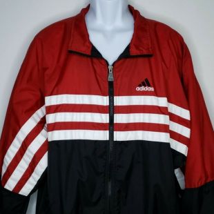 vintage 90s Adidas Mens XL Windbreaker Full Zip Lined Athletic Track Jacket Color Block Red Black White Stripes