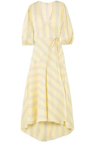 Pastel yellow Striped silk midi wrap dress