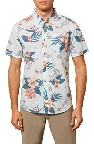 O'NEILL Men's Standard Fit Short Sleeve Button Down Shirt (Sea Foam/Hulala, XL)
