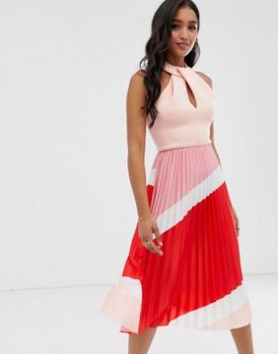 ASOS DESIGN - Halter Pleated Color Block Midi Dress