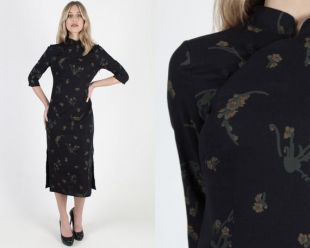 Black Mandarin Skinny Side Zip Dress vintage 80s Asian Floral Wiggle Dress Chinese Button Collar Slit Geisha Costume Midi Mini Dress