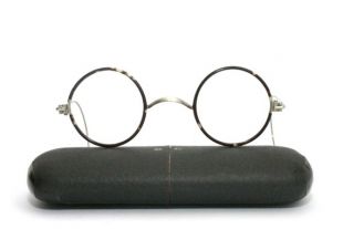 Antique Eyeglasses Nickel Tortoise Shell New NOS 1920's Round Eye Glasses Frame Windsor Cable Ends Wrap Around Coil Arms w Case Medium