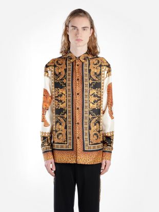 VERSACE MEN'S MULTICOLOR SIGANATURE WILD PRINT SILK SHIRT